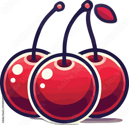 Vibrant illustration of three shiny red cherries with dark stems and a leaf