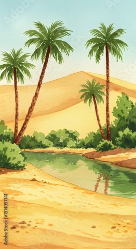 Desert oasis with palm trees and a river (1)