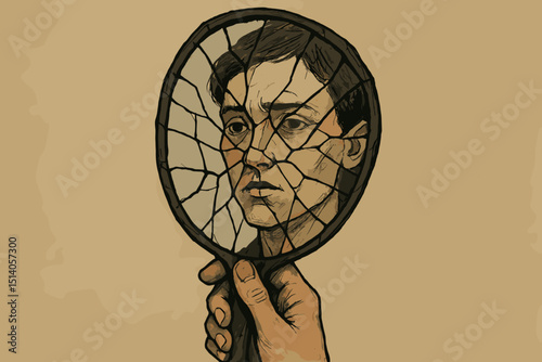 Shattered reflection portrait, man's face in broken mirror. Mental health concept, psychology, identity crisis. Fragmented self-image, despair, introspection. Emotional distress illustration.