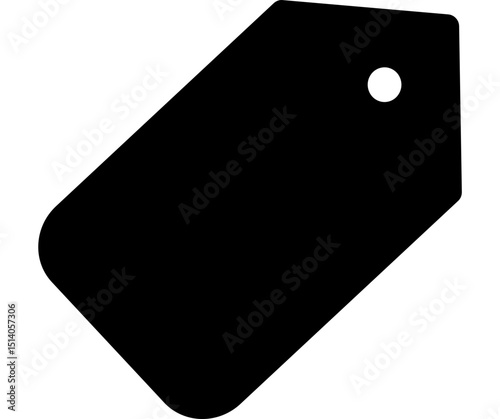 Illustration of a black price tag with a rounded corner and a hole on a white background view