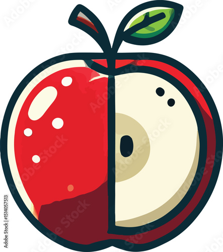 Watercolor illustration of a red apple halved showing seeds and fresh green leaf stem