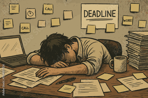 Exhausted businessman overwhelmed by work rests head on desk. Stress, burnout, deadline pressure concept. Office worker, paperwork, laptop, sticky notes, fatigue, tired employee illustration.