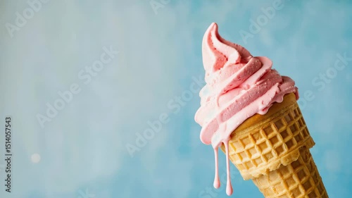 Strawberry Swirl Ice Cream Cone Meltdown on Blue Background