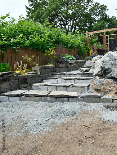 Landscape garden pathway hardscape project in progress for yard landscaping and flowerbeds
