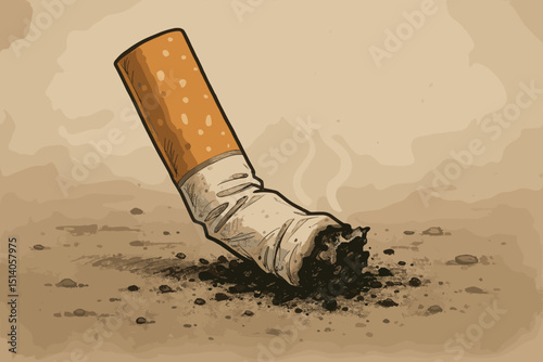 Crushed cigarette butt extinguished on ground, vintage illustration. Symbolizing dangers of tobacco, nicotine addiction, quit smoking efforts, health risks, lung cancer, pollution, bad habit.