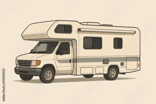 Classic RV camper van illustration, side view. Motorhome for road trip adventure, family vacation, and outdoor travel. Recreational vehicle drawing for nomadic lifestyle & camping concept.