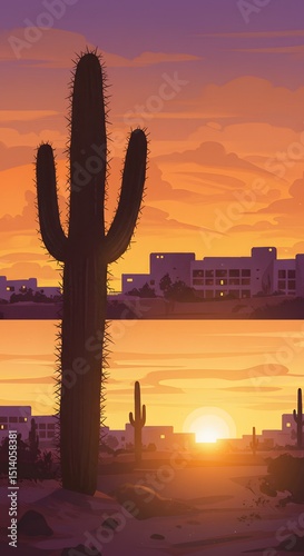 Desert sunset panorama with saguaro cactus and buildings
