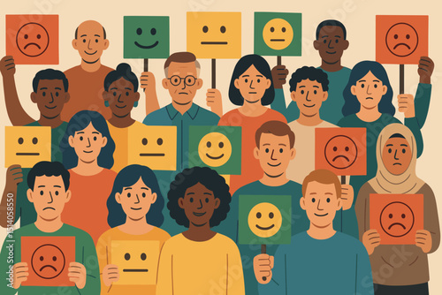 Diverse Crowd with Mixed Emotions Holding Emoji Signs: Happy, Sad, Neutral Reactions, Feedback Concept, Public Opinion, Survey Results, Social Study, Vector Illustration