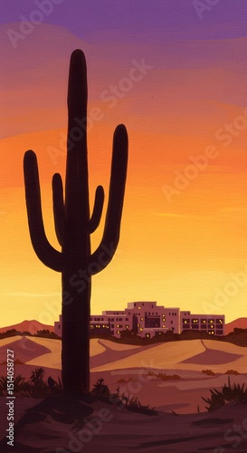 Desert sunset with saguaro cactus and adobe buildings
