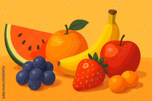 Vibrant fruit still life. Illustrated assortment: watermelon, orange, banana, apple, strawberry, grapes, clementines. Healthy eating, vitamins, natural food. Colorful vector graphic display.