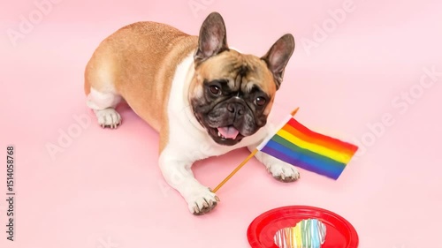 French Bulldog Waving Rainbow Pride Flag on Pink Background