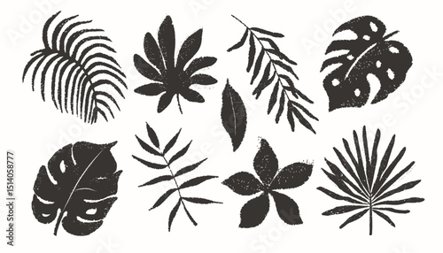 Collection of hand-drawn tropical leaves and flowers with grunge texture. Botanical vector elements in rustic vintage style. Perfect for eco prints, natural branding, and summer patterns.