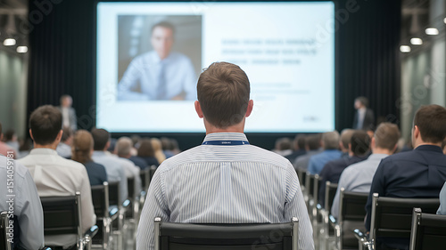 Audience watching a presentation with a speaker on a large screen at event