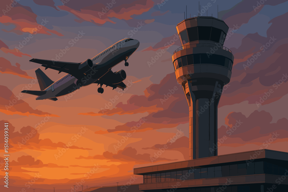 Jetliner Takes Off at Sunset Near Control Tower. Commercial Airplane Ascending. Travel and Transportation Concept. Aviation and Aerospace Industry. Dusk Sky with Clouds. Jetliner Takes Off at Sunset Near Control Tower. Commercial Airplane Ascending. Travel and Transportation Concept. Aviation and Aerospace Industry. Dusk Sky with Clouds.