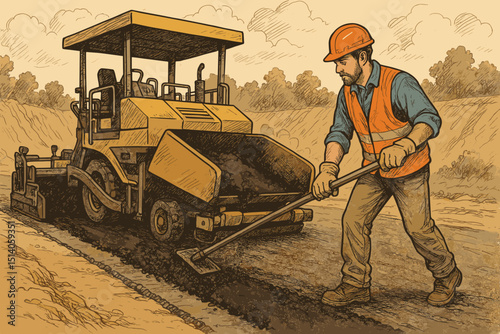Skillful road construction: Worker laying asphalt with paver machine. Detailed vector illustration of infrastructure project, highway building, and manual labor on a construction site.