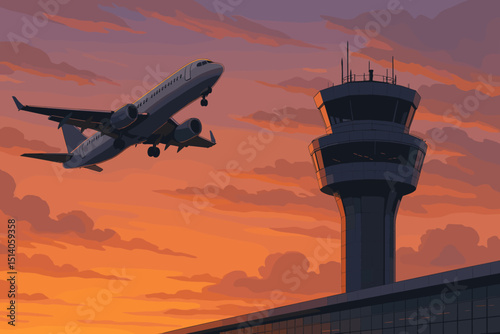 Jetliner ascending at dusk, passenger airplane takeoff with airport control tower. Commercial aviation, air travel concept. Sunset sky with clouds. Transportation industry vector illustration.