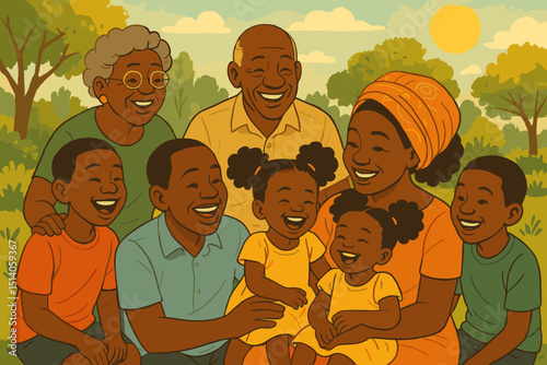 Happy African family. Multi-generational gathering. Black family illustration. Grandparents, parents, children joyfully laughing outdoors. Sunny park. Love, unity, togetherness. Ethnic portrait.