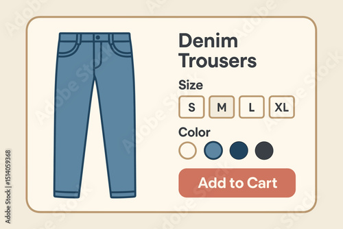 Online shopping interface for denim trousers. E-commerce product page vector with size and color selection for blue jeans. Fashion retail website UI concept, add to cart button for apparel purchase.