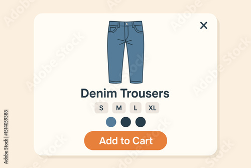 Vector UI design for online fashion store. Denim trousers product details pop-up with size selection, color variants, and 'Add to Cart' button. E-commerce element for website or app interface.