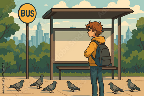 Boy at City Bus Stop with Pigeons. Waiting for Transport. Urban Scene with Buildings. Student with Backpack. Commuting in Town. Public Transportation.