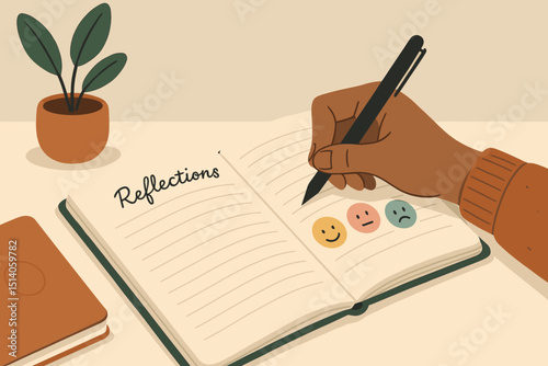 Creative Journaling: Writing Reflections, Mood Tracker, and Personal Growth. Hand with Pen, Diary, and Emotional Icons. Mindfulness Practice for Mental Wellbeing Concept
