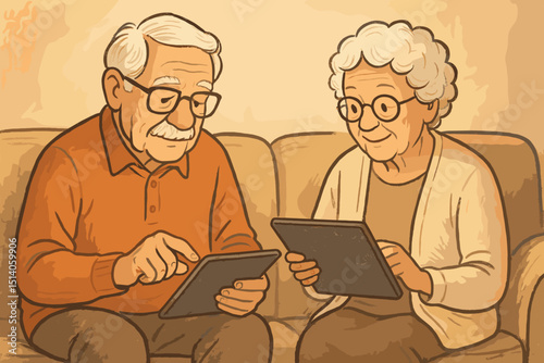 Senior couple happily embracing technology, using digital tablets together on sofa. Elderly man and woman learning new skills, online communication, modern retirement lifestyle. Warm illustration.