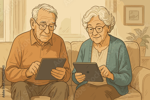 Happy elderly couple embracing technology, learning to use tablets together on sofa. Senior digital literacy, online connection, modern aging. Warm sketch illustration concept.