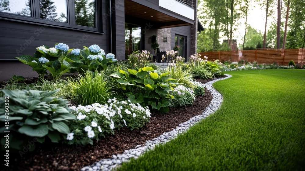 Naklejka premium A picturesque garden filled with colorful flowers and greenery, showcasing vibrant blooms alongside manicured lawns, blending nature's beauty with artistic landscape design.