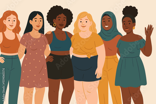 Diverse Women Illustration. Empowered Female Characters. Multi-Ethnic Group of Girls. Confident Women. Modern Flat Vector Design. Feminism, Sisterhood, Body Positivity. Unity Concept.
