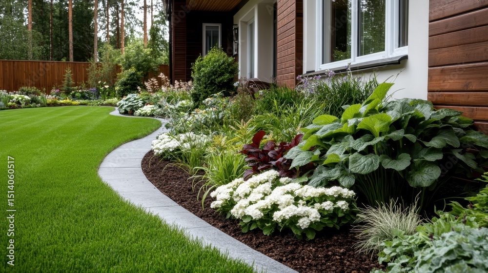 Naklejka premium A neatly designed garden featuring a curved pathway bordered by lush greenery, presenting an inviting and serene outdoor environment perfect for relaxation or gatherings.