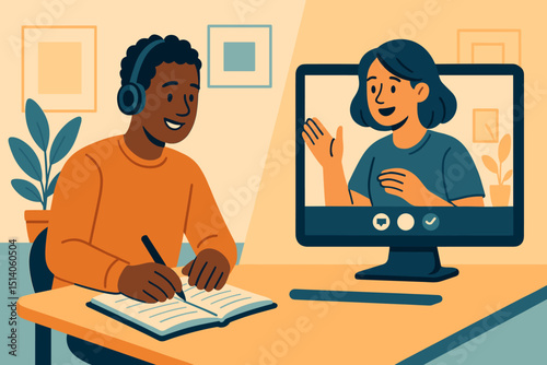 Diverse individuals in virtual collaboration. Man with headset writing notes during online meeting with woman on screen. Remote work, e-learning, video conference, business communication, teamwork.