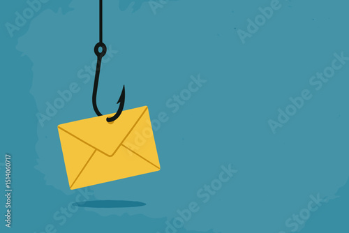 Phishing email. Cyber security trap. Online scam. Internet fraud. Data theft. Malware threat. Hacker attack concept. Envelope bait. Fishing hook. Digital deception. Cybercrime alert. Information risk.