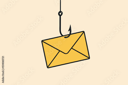 Phishing email trap concept illustration. Cybercrime and internet security risk. Hacker attack, data theft, online scam, bait, deception. Malicious message on fishing hook. Digital fraud warning.