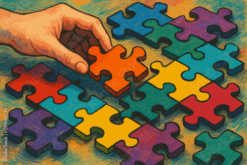 Hand fitting final puzzle piece. Solution, strategy, teamwork. Business metaphor for problem-solving, connection, success. Colorful jigsaw game illustration finding the missing piece.