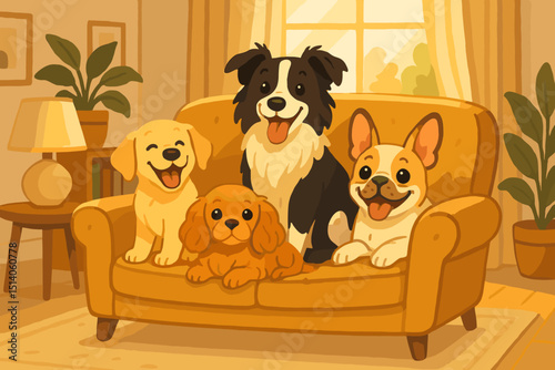 Adorable Cartoon Dogs Relaxing on Armchair. Happy Golden Retriever Puppy, Border Collie, Cavalier King Charles Spaniel, and French Bulldog characters. Cozy Home Interior, Pets
