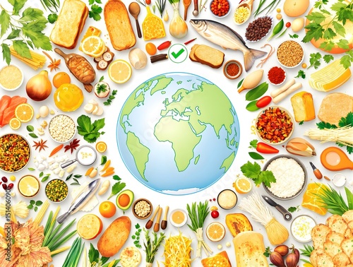 Globe surrounded by diverse food, symbolizing global food safety, healthy eating, and sustainable systems