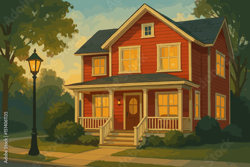 Quaint Red House with Porch and Lamplight at Dusk. American Dream Home. Suburban Charm. Residential Architecture. Cozy Living. Homeownership. Family House.