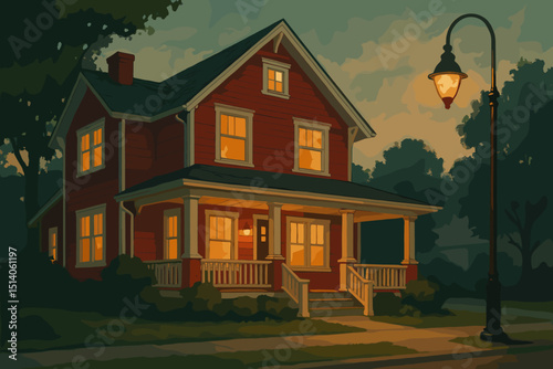 Charming red house illustration, cozy evening glow, traditional American home with welcoming porch and illuminated windows. Nostalgic suburban scene, street lamp, real estate concept vector.