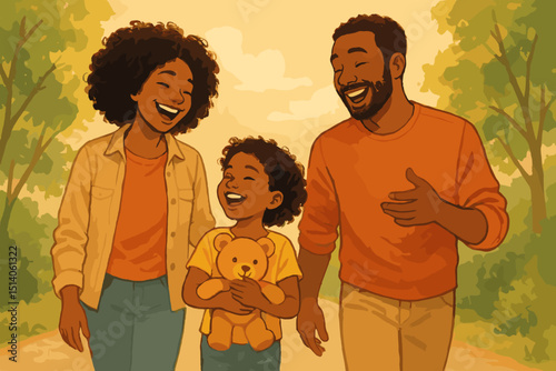 Joyful Black family walking in park. Happy African American parents with child holding teddy bear. Outdoor leisure, family time, togetherness, parenthood illustration. Love, bonding concept.