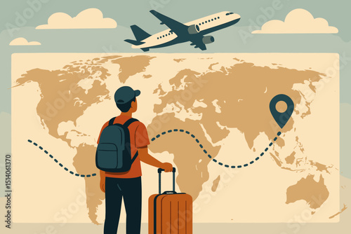 Global travel illustration. Traveler with backpack, suitcase looking at world map. Airplane flying to destination, route marked. International journey, vacation, tourism, adventure, holiday.