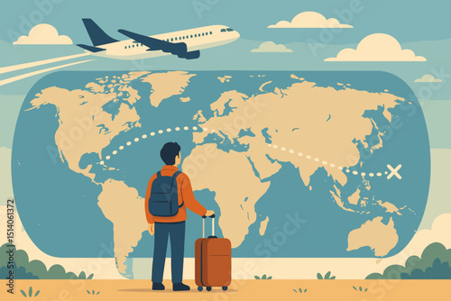 Global travel concept. Man with suitcase and backpack anticipates journey, looking at world map with flight path. Airplane flying overhead. Adventure, vacation, tourism, exploration, planning trip.