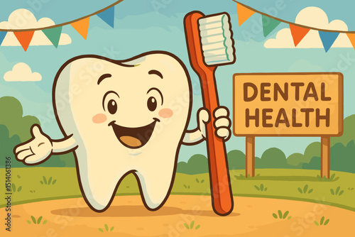 Cheerful tooth character, toothbrush, celebrating dental health. Festive retro mascot, kids' oral hygiene. Fun, cute cartoon storybook illustration for clinic, education. Healthy smile, prevention.