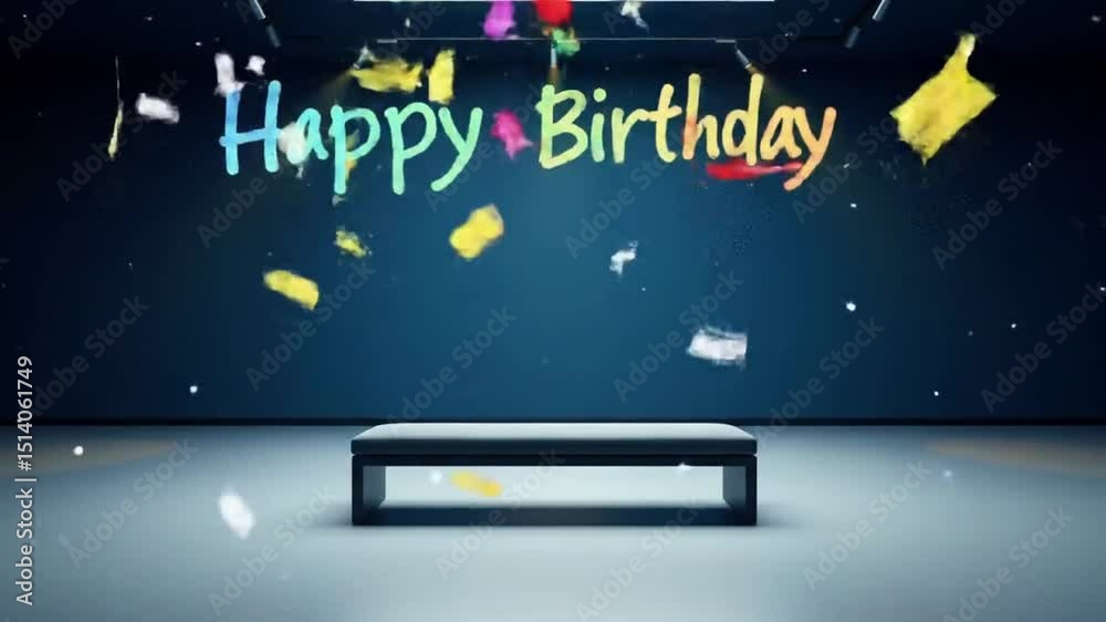 Animated Happy Birthday Greeting with Colorful Text and Confetti in a Blue Minimalist Room with a Table Under Spotlights for Celebration and Decorative Use