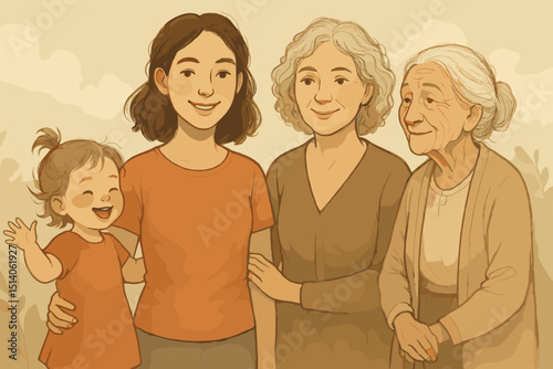 Four Generations of Women: Baby, Mother, Grandmother, Great-grandmother. Family Love, Lineage, Aging, Togetherness, Heritage, Watercolor Illustration, Multi-Generational Portrait