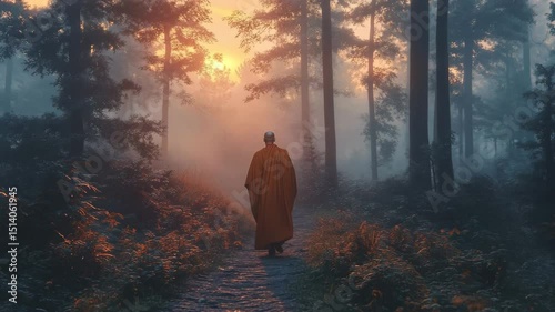 Monk walking peacefully in misty forest at sunrise