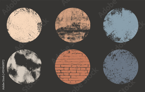 Set of six round grunge vector textures with distressed, halftone, brick, and abstract patterns, perfect for vintage design, overlays, backgrounds, creative graphics, and artistic projects