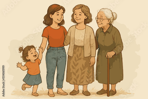 Four Generations of Women: Grandmother, Mother, Daughter, and Granddaughter. Family Bond, Love and Connection. Generational Lineage, Heritage, and Ancestry.