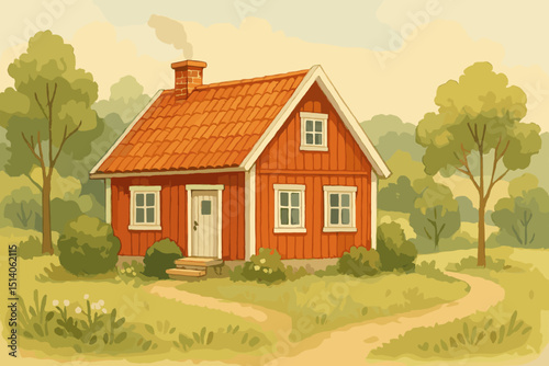 Charming Scandinavian Red Wooden House with Tiled Roof in Serene Countryside Landscape, Cozy Cottage with Green Trees, Bushes, and Winding Path, Rustic Rural Living Illustration