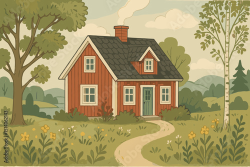 Scandinavian red house folk art illustration. Cozy cottage in idyllic countryside with trees, flowers, path, and smoking chimney. Serene rural landscape, peaceful nature, traditional Nordic home.
