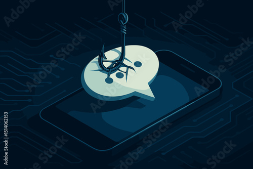 Cyber scam symbolism with fishing hook on smartphone speech bubble. Phishing attack concept. Online fraud, data theft, internet security threat, hacking, digital deception, vector illustration.